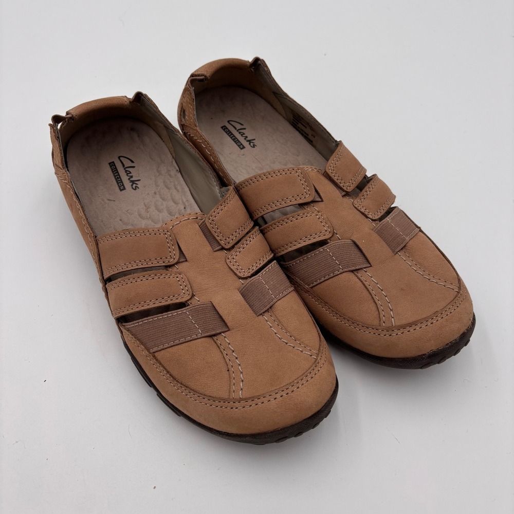 Clarks Collection Loafers Womens 10 Tan Excellent Leather Cutout Slip-On Flats